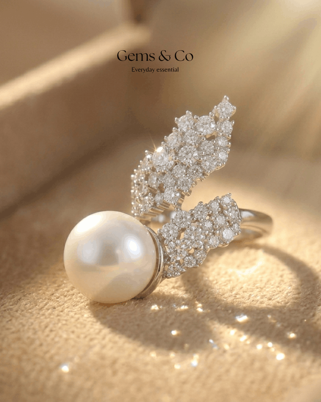 Silver Pearl & Crystal Leaf Ring – Adjustable