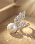 Silver Pearl & Crystal Leaf Ring – Adjustable