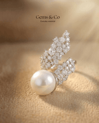 Silver Pearl & Crystal Leaf Ring – Adjustable