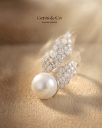 Silver Pearl & Crystal Leaf Ring – Adjustable