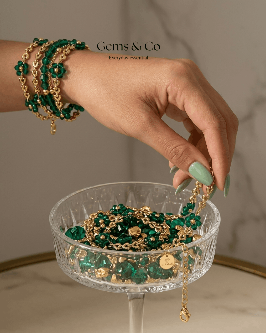 Green Crystal Flower Layered Gold Bracelet