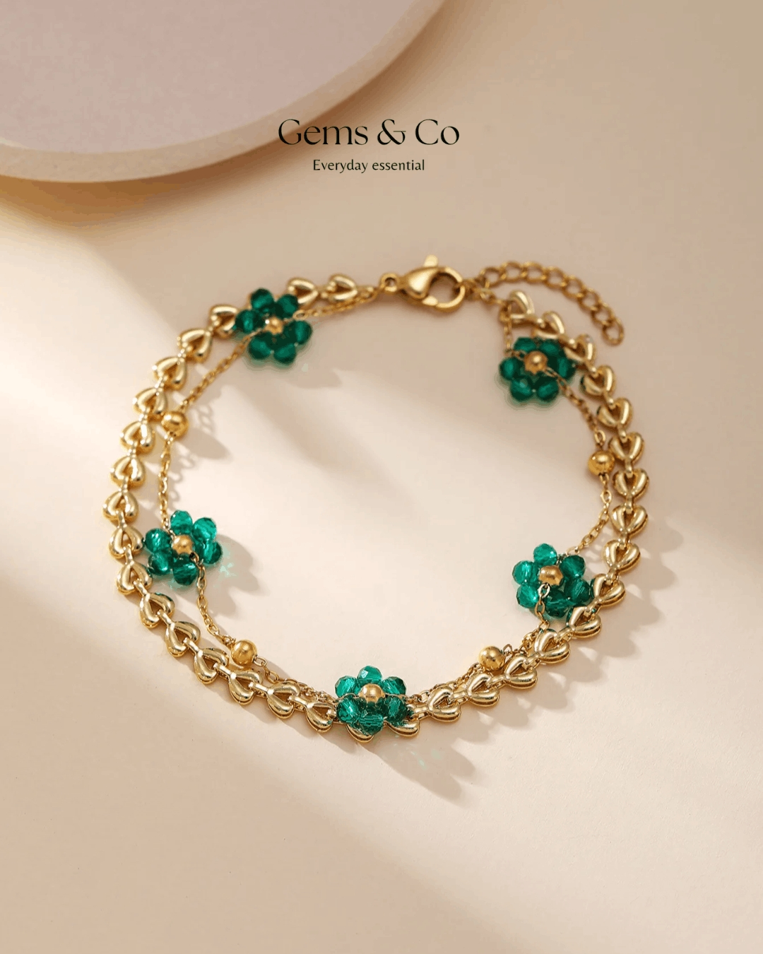 Green Crystal Flower Layered Gold Bracelet