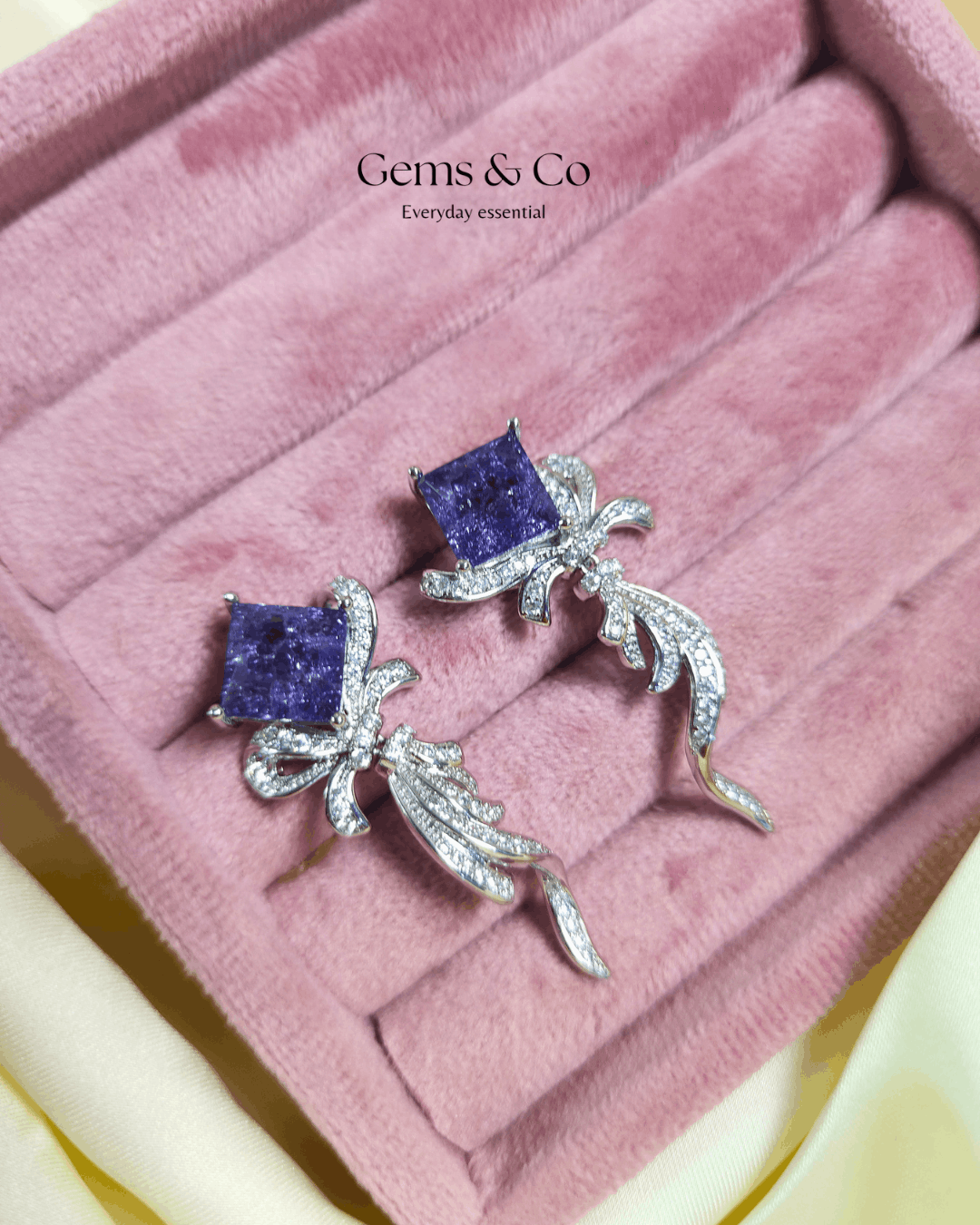 Purple Crystal Ribbon Drop Earrings