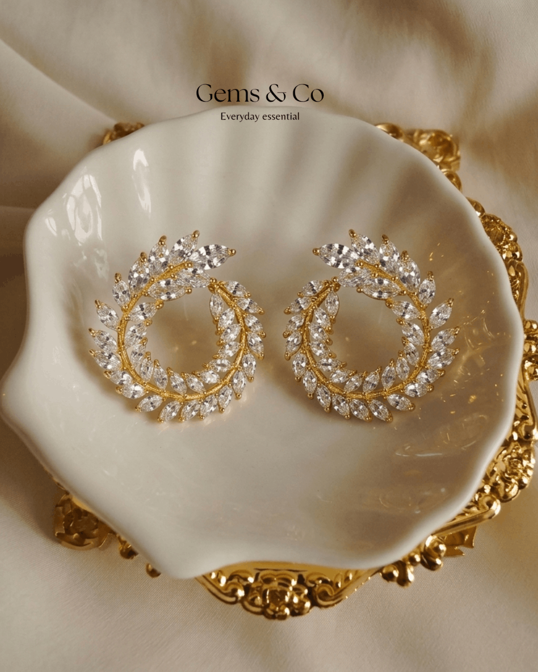Gold Laurel Wreath Crystal Stud Earrings