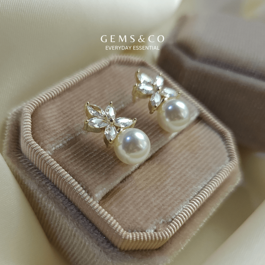 Golden Leaf Pearl CZ Studs