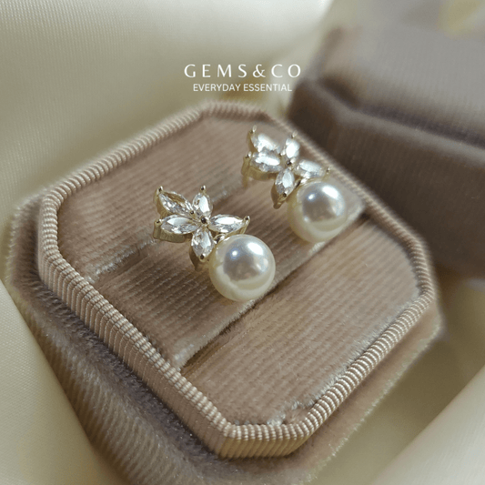 Golden Leaf Pearl CZ Studs