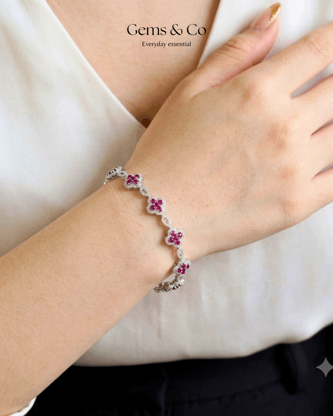 Blossom Ruby Clover Bracelet — Silver Zircon Design