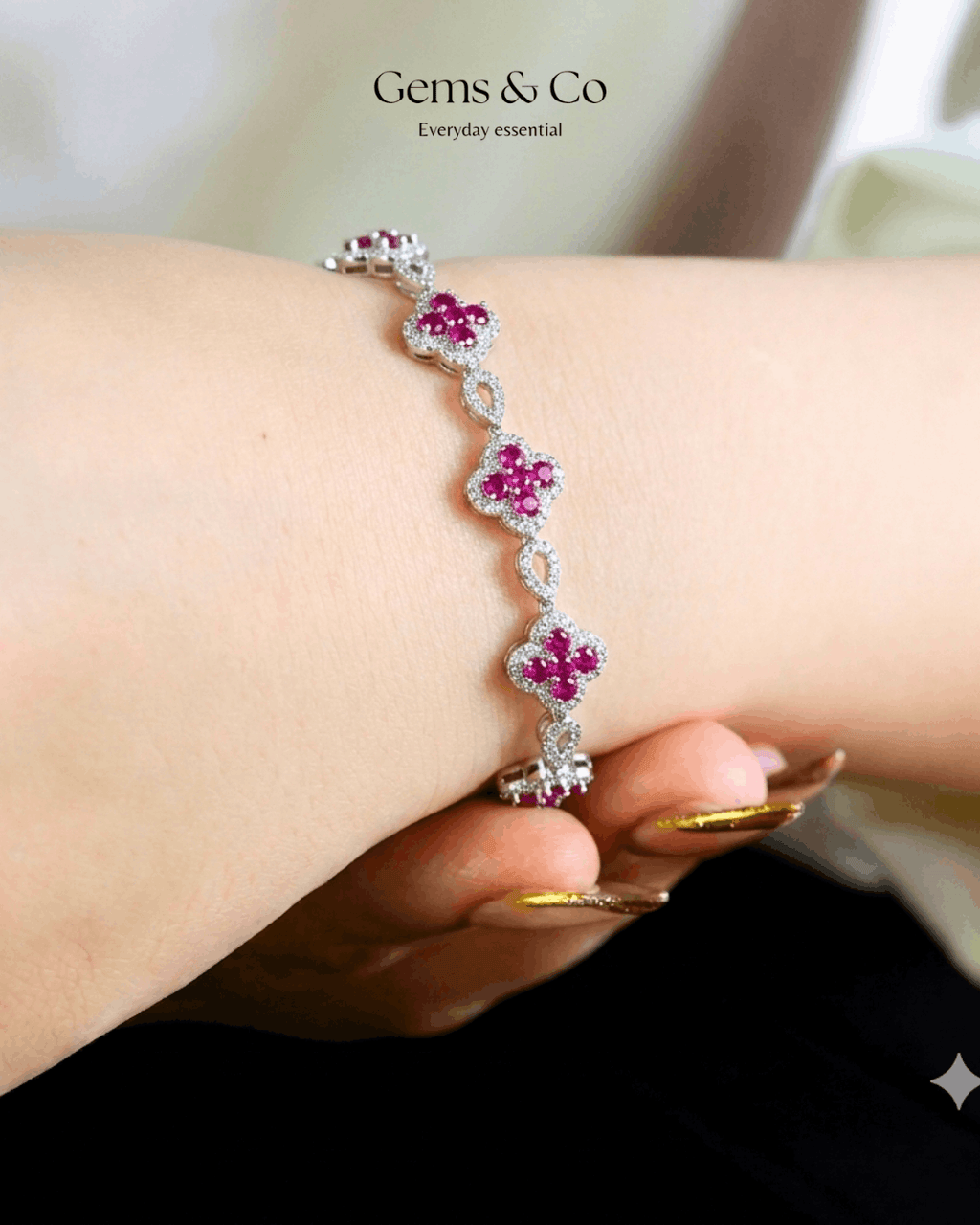 Blossom Ruby Clover Bracelet — Silver Zircon Design