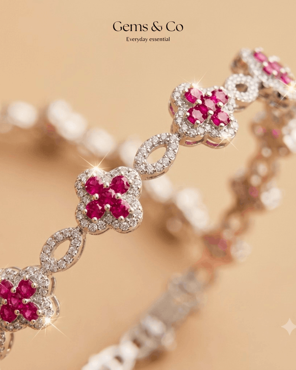 Blossom Ruby Clover Bracelet — Silver Zircon Design
