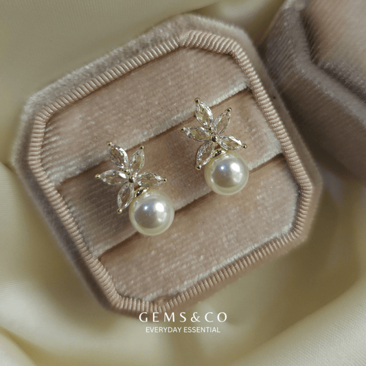 Golden Leaf Pearl CZ Studs