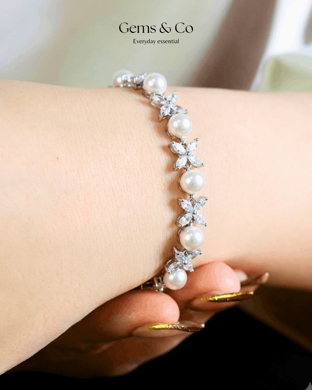 Pearl Blossom Bracelet — White Zircon Floral Design
