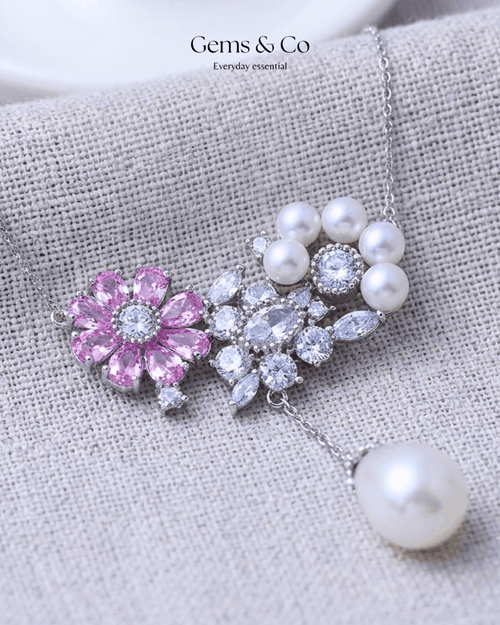 Blossom Pearl Drop Necklace – Silver Floral Pearl Necklace | 18-Inch