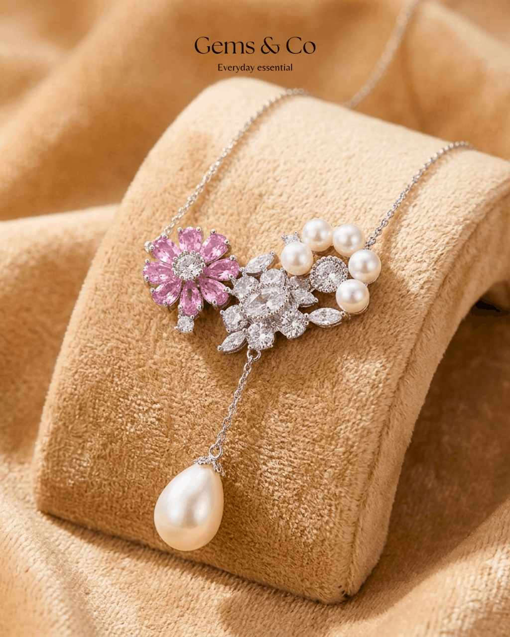 Blossom Pearl Drop Necklace – Silver Floral Pearl Necklace | 18-Inch